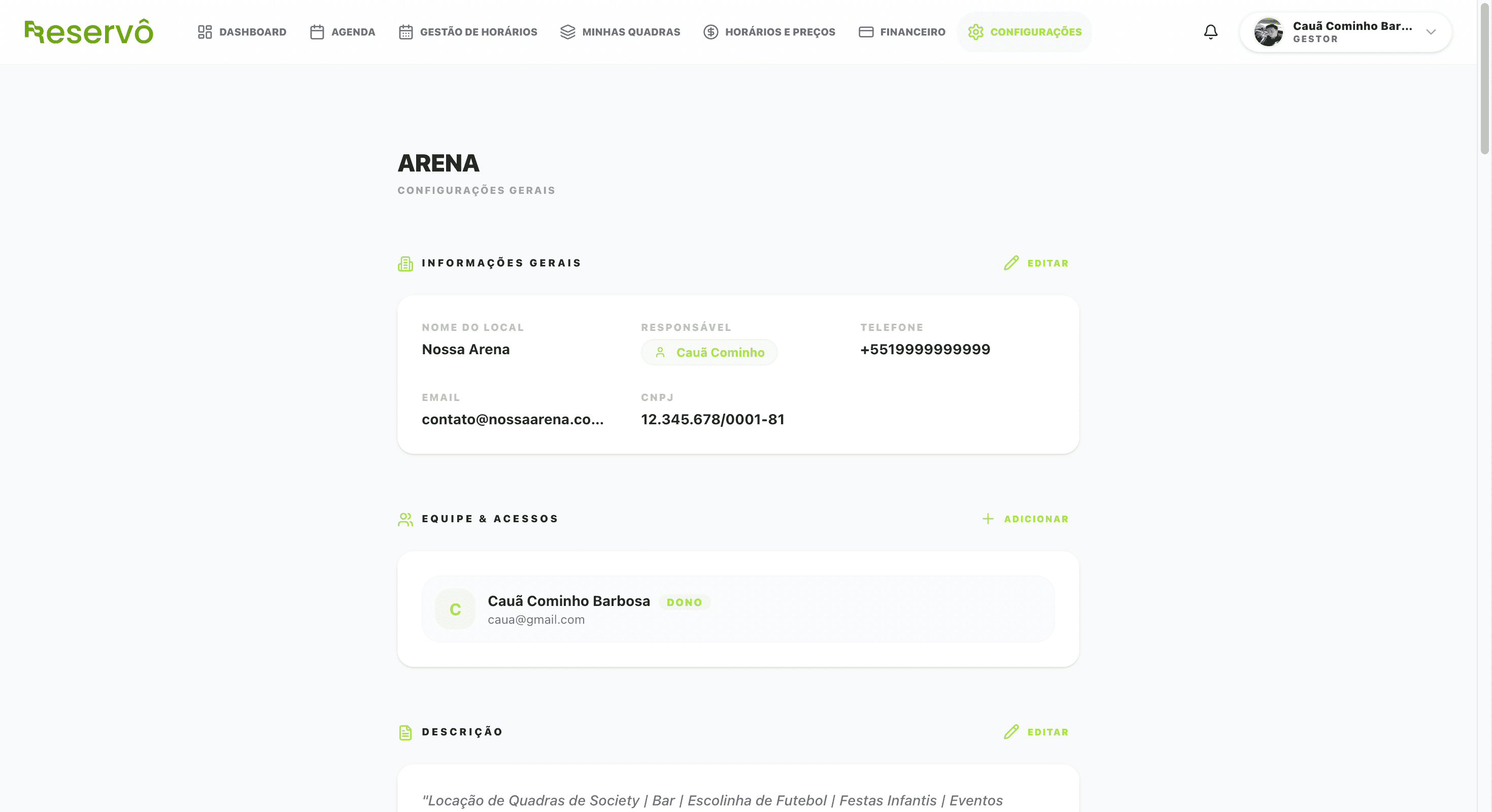 Configurações do Espaço