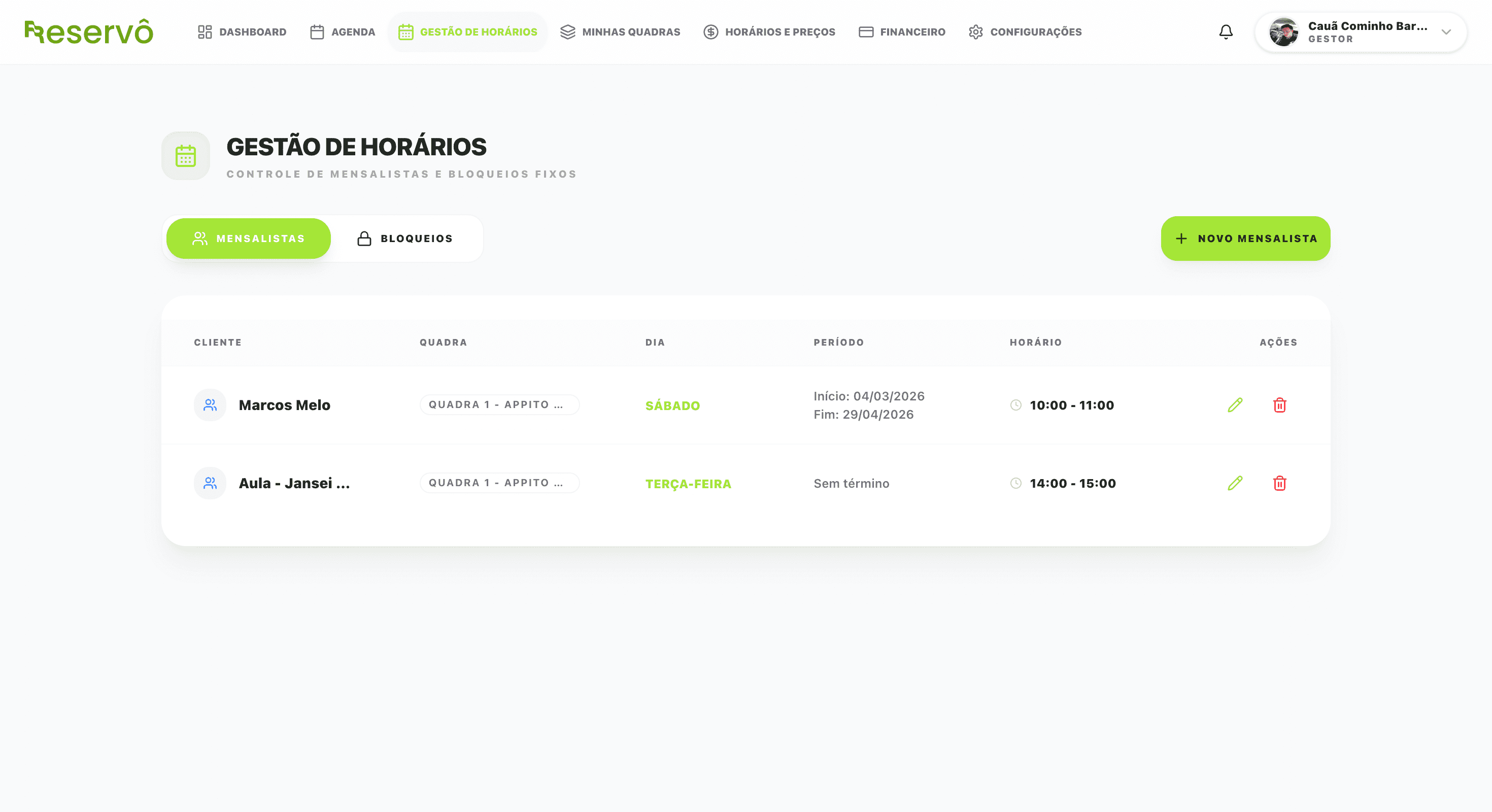Gestão de Horários